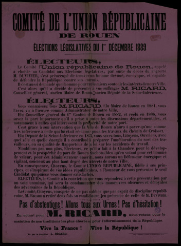 Comité de l'Union républicaine de Rouen... Élections législatives : M. Richard