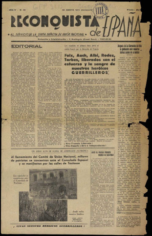 Reconquista de España (1944 : n° 35-39). Sous-Titre : Organo de la Unión nacional de todos los Españoles [puis] Organo de la Junta suprema de la Unión nacional [puis] al servicio de la Junta suprema de Unión nacional