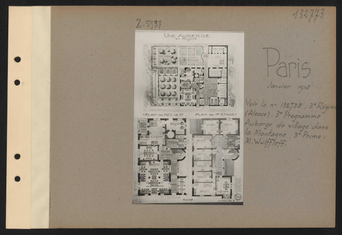 Paris. Musée des arts décoratifs. Exposition des projets d'architecture primés au concours pour la reconstruction des habitations rurales dans les départements envahis. Troisième région (Alsace). Troisième programme. Auberge de village dans la montagne. Troisième prime. M. Wulffleff