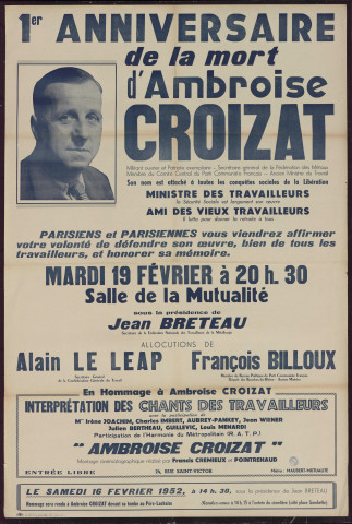 1er anniversaire de la mort d'Ambroise Croizat...