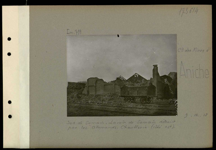 Aniche (Compagnie des mines d'). Sud de Somain. Lavoir de Somain détruit par les Allemands. Chaufferie (côté est)