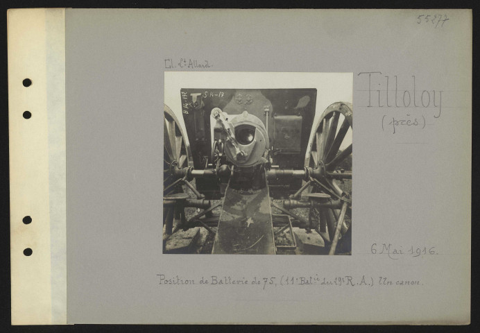 Tilloloy (près). Position de batterie de 75 ; (11e batterie du 29e régiment d'artillerie) un canon