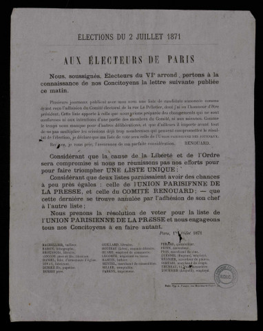 Élections du 2 juillet 1871 : Nous prenons la résolution de voter pour la liste de l'Union Parisienne de la Presse
