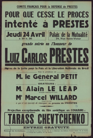 Pour que cesse le procès intenté à Prestes : grande soirée en l'honneur de Luiz Carlos Prestes...