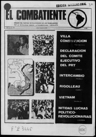 El Combatiente n°162, 7 de abril de 1975. Sous-Titre : Organo del Partido Revolucionario de los Trabajadores por la revolución obrera latinoamericana y socialista