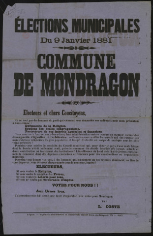Élections municipales Commune de Mondragon : Votez pour nous L. Coste