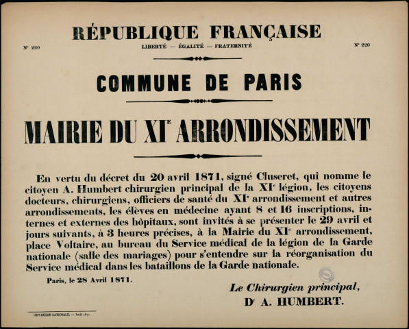 N°220. Les citoyens docteurs, chirurgiens, officiers de santé sont invités à se présenter au bureau du service médical