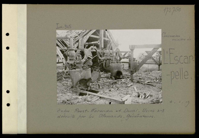 L'Escarpelle (Concession minière de). Entre Roost-Warendin et Douai. Usine numéro 3 détruite par les Allemands. Générateurs