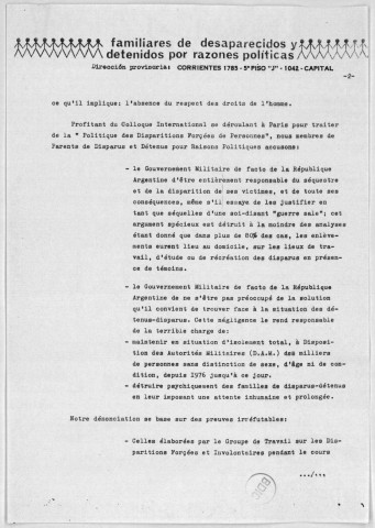 Colloque international sur "La politique de disparition forcée de personnes", Paris, 1981. Sous-Titre : Fonds Argentine