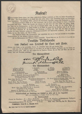 Guerre mondiale 1914-1918. Allemagne. Deutsche Volksspende zum Ankauf von Lesestoff für Heer und Flotte. Berlin