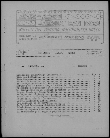 Alderdi (1948 : n° 10-21). Sous-Titre : Boletín del Partido nacionalista vasco