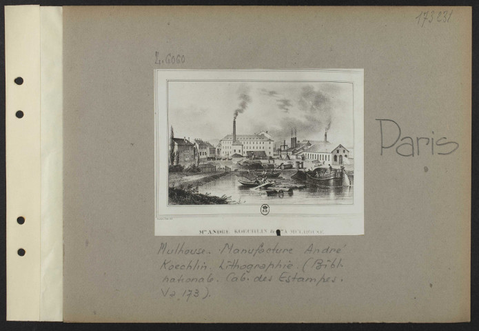 Paris. Mulhouse. Manufacture André Koechlin. Lithographie. (Bibliothèque nationale. Cabinet des Estampes Va 173)