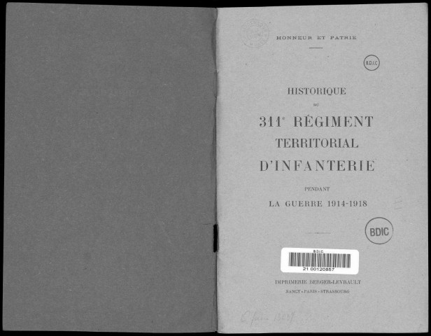 Historique du 311ème régiment territorial d'infanterie