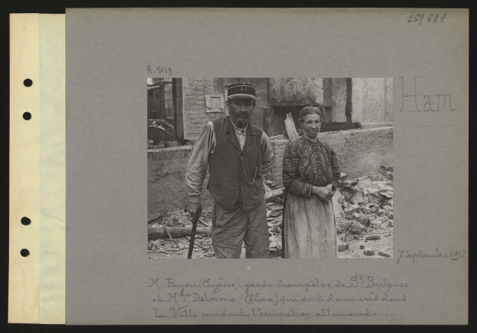 Ham. Monsieur Payen (Eugène), garde-champêtre de Saint-Sulpice et madame Delorme (Célina) qui sont demeurés dans la ville pendant l'occupation allemande