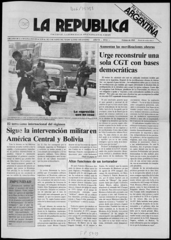 La República n° 23, febrero de 1983. Sous-Titre : Vocero de la democracia argentina en el exilio. Organo de la oficina internacional de exiliados del radicalismo argentino
