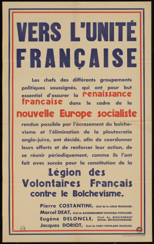 Vers l'unité française : renaissance française dans le cadre de la nouvelle Europe socialiste