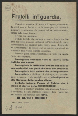 Guerre mondiale 1914-1918. Italie.Tracts de propagande patriotique. Tracts destinés aux régions