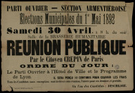 Parti Ouvrier Section Armentieroise Élections Municipales : Réunion Publique par le Citoyen Crepin de Paris
