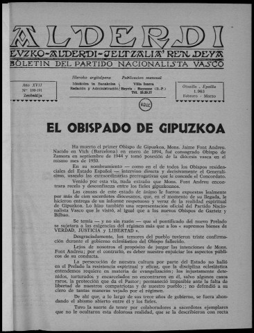 Alderdi (1963 : n° 190-201). Sous-Titre : Boletín del Partido nacionalista vasco