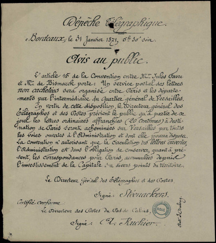 Dépêche Télégraphique : Les lettres ordinaires Seront acheminées sur Versailles