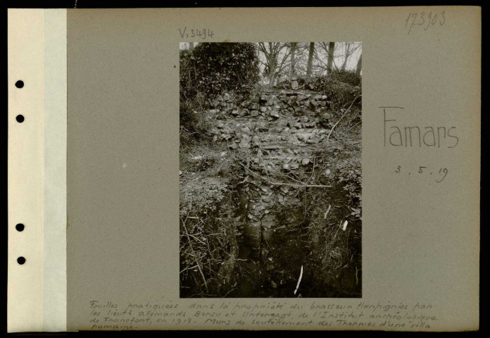 Famars. Fouilles pratiquées dans la propriété du brasseur Harpignies par les lieutenants allemands Bersu et Unterzagt, de l'Institut archéologique de Francfort, en 1918. Murs de soutènement des thermes d'une villa romaine