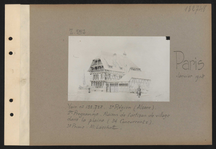 Paris. Musée des arts décoratifs. Exposition des projets d'architecture primés au concours pour la reconstruction des habitations rurales dans les départements envahis. Troisième région (Alsace). Premier programme. Maison de l'artisan de village dans la plaine (34 concurrents). Troisième prime : M. Laschett