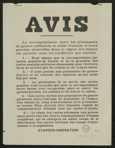 La correspondance entre les prisonniers de guerre militaires et civils français et leurs parents ... est permise sous les conditions qui suivent