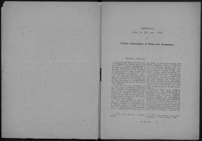 Cinq essais de réorganisation des crédits internationaux. Sous-Titre : Conférence faite le 20 mai 1943 à l' Union économique et douanière européenne. Supplément au Courrier des pétroles