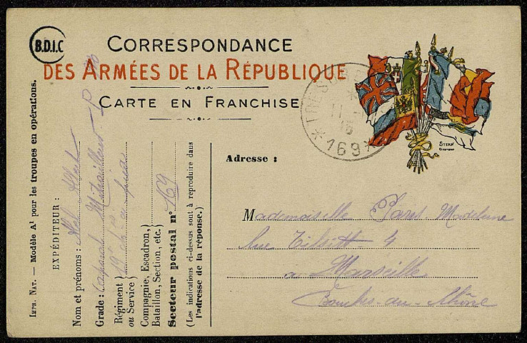 Lettres de soldats adressées à Mlle Madeleine Paris et à Madame Alexandre Paris (4 rue de Tilsitt, Marseille)