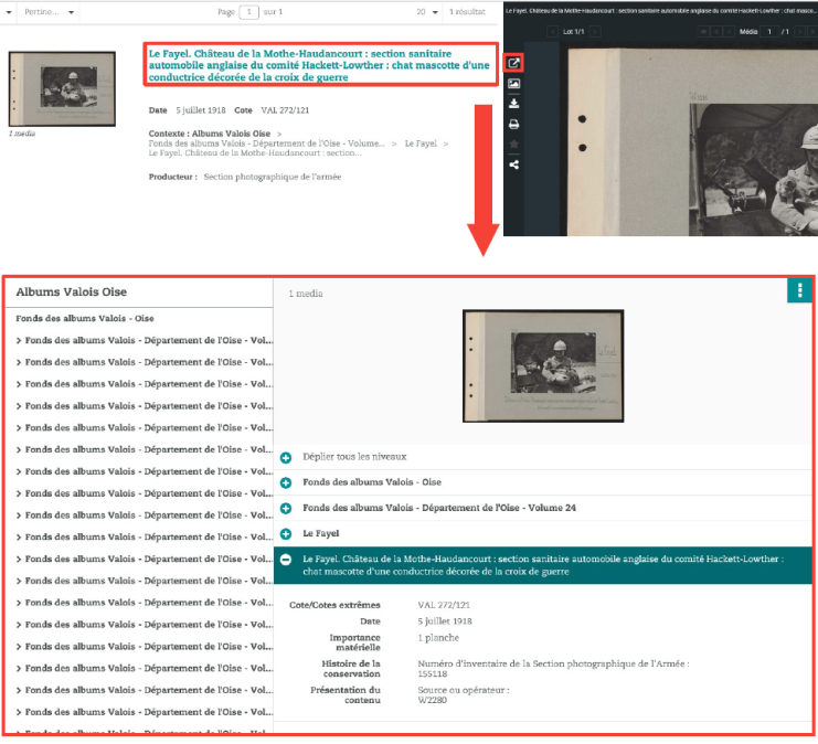 Capture d'écran montrant le passage d'un résultat de recherche à la notice correspondante