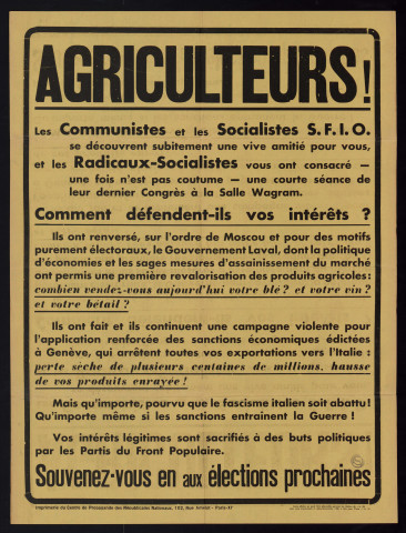 Agriculteurs ! Les communistes & socialistes S.F.I.O. & Radicaux-socialistes & défendent-ils vos intérêts ?