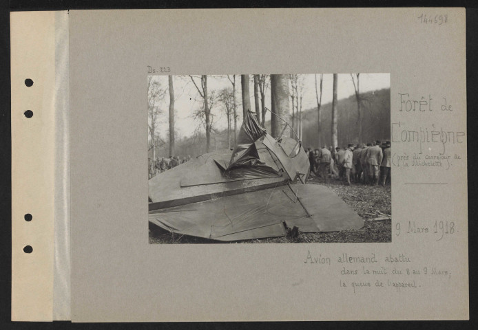 Forêt de Compiègne (près du carrefour de la grande Michelette). Avion allemand abattu dans la nuit du 8 au 9 mars ; la queue de l'appareil
