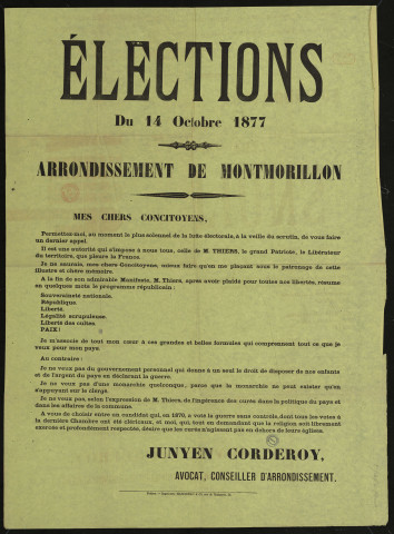 Élections du 14 octobre 1877 Arrondissement de Montmorillon : Candidat Junyen Corderoy