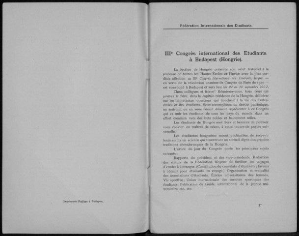 Guide des étudiants. Sous-Titre : offert par le Comité d'organisation eux membres du IIIe Congrès international des étudiants qui aura lieu a Budapest (Hongrie) du 24 au 30 septembre 1902