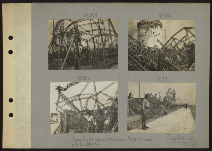 Embouchure du Vardar (Grèce). Zeppelin L 85 abattu le 4 mai 1916 à l'embouchure du Vardar et exposé à la Tour Blanche