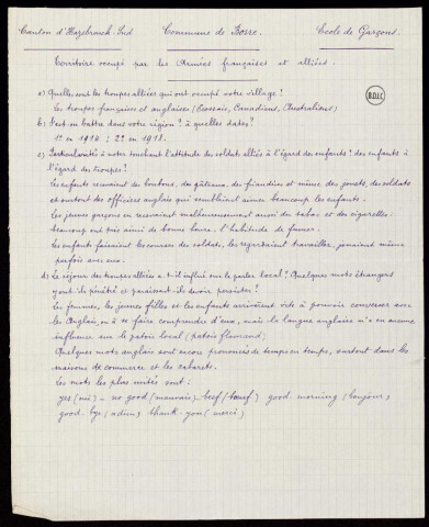 Réponses au questionnaire portant sur le territoire occupé par les armées françaises et alliées