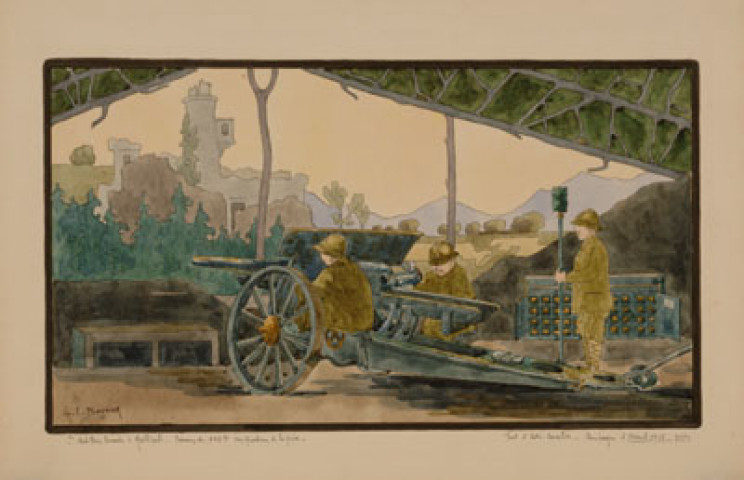 L'artillerie lourde à Gallipoli. Canon de 105 L. Vérification de la pièce. Fort d'Eski-Essoulik. Campagne d'Orient, juin 1915