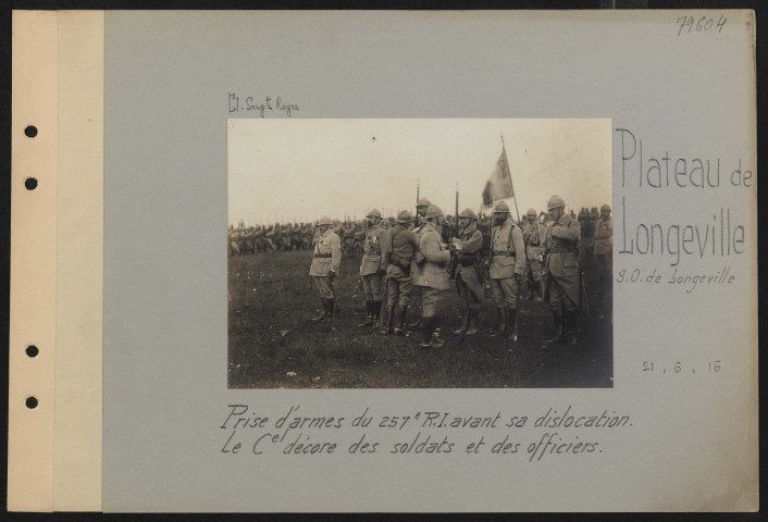 Plateau de Longeville (sud-ouest de Longeville). Prise d'armes du 257e RI avant sa dislocation. Le colonel décore des soldats et des officiers
