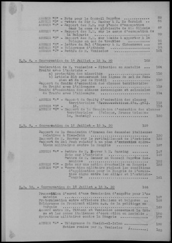 TABLE DES MATIERES : Conférences de Paix. Procès Verbaux et Résolutions.- Conférences et réunions du 11 au 18 juillet 1919. Sous-Titre : Conférences de la paix
