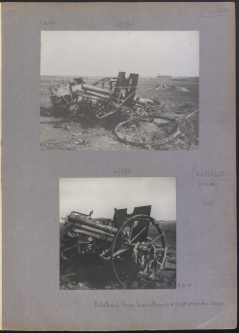 Puisieux (près de) (Seine-et-Marne). Bataille de la Marne. Canons allemands de 77 détruits par obus français