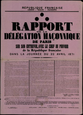 Rapport de la Délégation Maçonnique de Paris sur son entrevue avec le chef du pouvoir