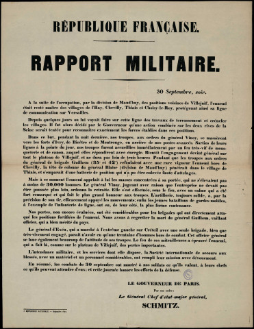 Rapport militaire : à la suite de l'occupation… Des positions voisines de Villejuif…