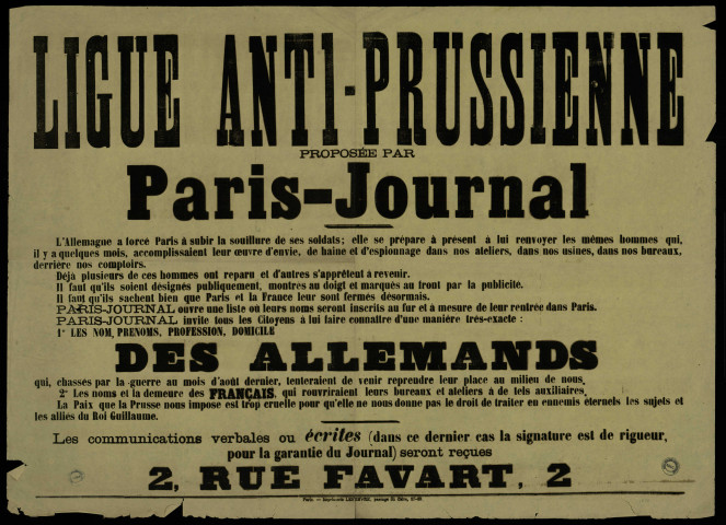 Ligue Anti-Prussienne proposée par Paris-Journal