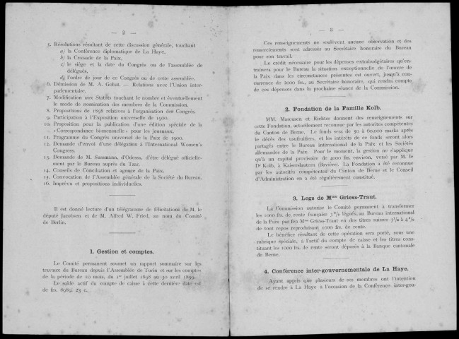 Bureau international permanent de la paix. Procès-verbal des séances de la commission des 6 et 5 mai 1899, à Berne