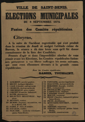 Élections municipales du 8 septembre 1872 : Fusion des Comités républicains
