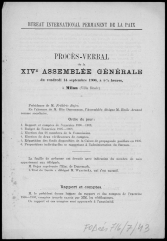 Bureau international permanent de la paix. Procès-verbal de la XIVe Assemblée générale du vendredi 14 septembre 1906